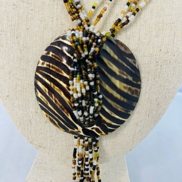 19" Multi Strand Micro Beaded Brown Black Glass Pendant Necklace  Tassel Screw - Picture 2 of 6